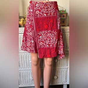 Anthropologie Embroidered Flared Skirt Asymmetrical Hemline in Red Size 14 NWT